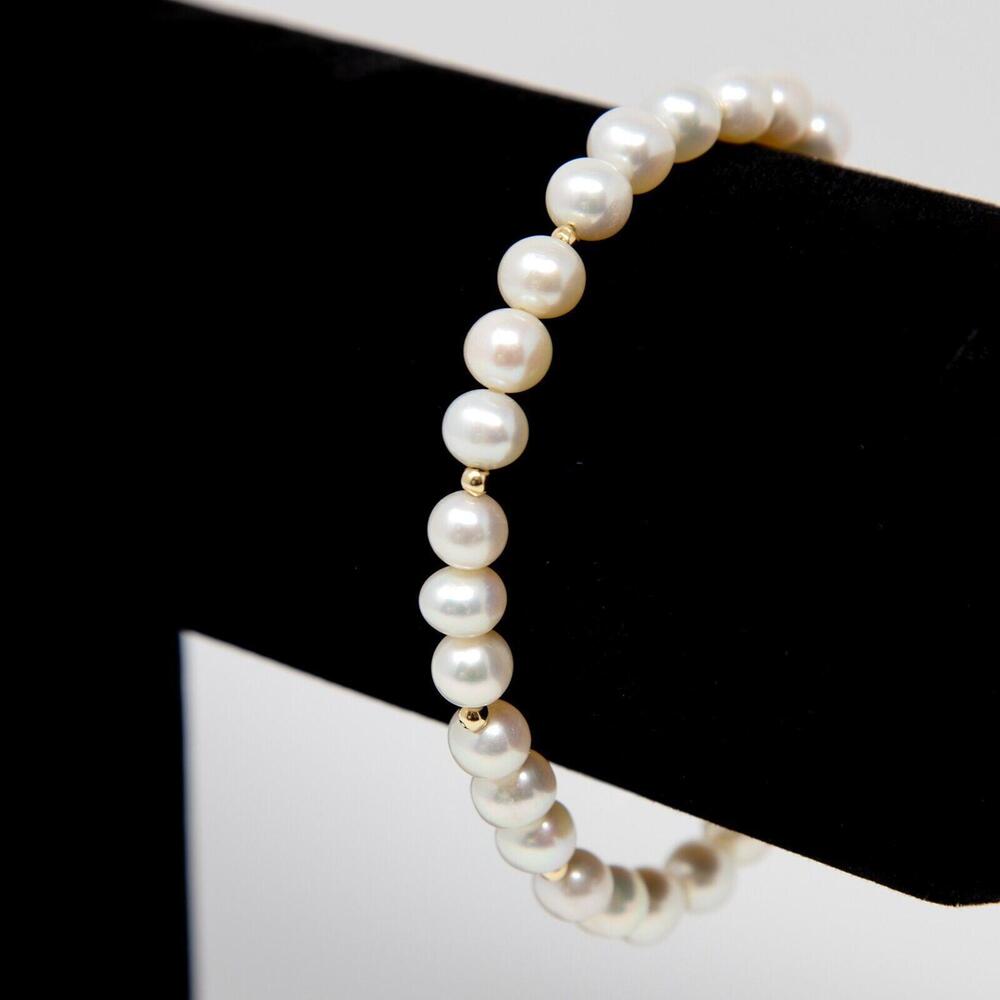 14K Signed 585 Real Solid Gold Natural Freshwater Pearl Beaded Bracelet 7" 7mm
